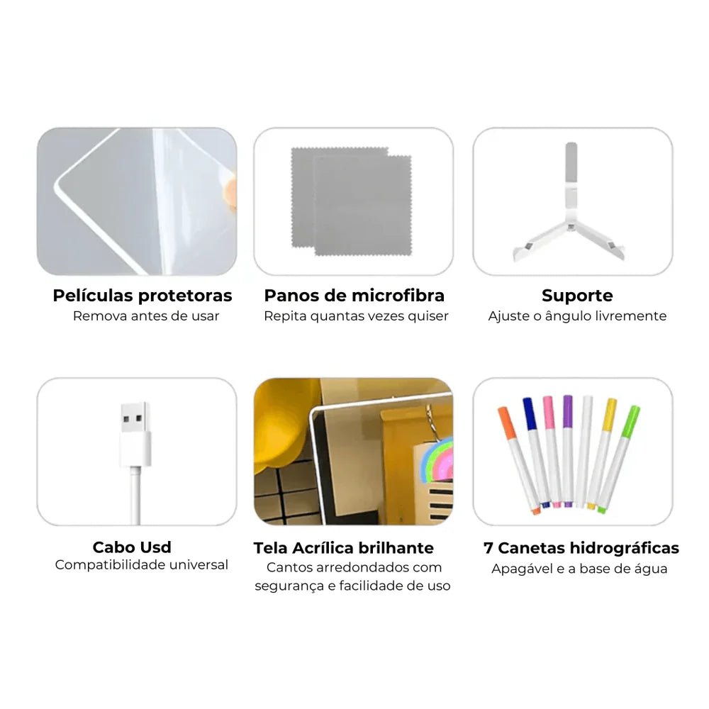 Quadro de Desenho LED Brilhante Reutilizável com 7 Canetinhas e Suporte Incluso