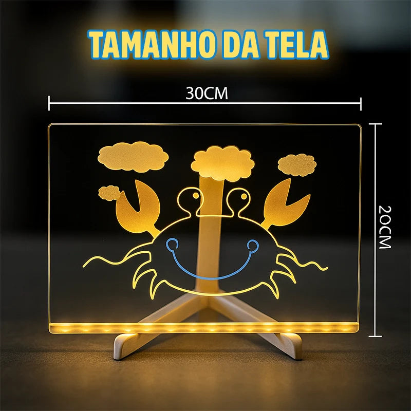 Quadro de Desenho LED Brilhante Reutilizável com 7 Canetinhas e Suporte Incluso