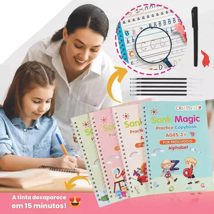 KIT com 4 Cadernos de Caligrafia Mágicos Reutilizáveis