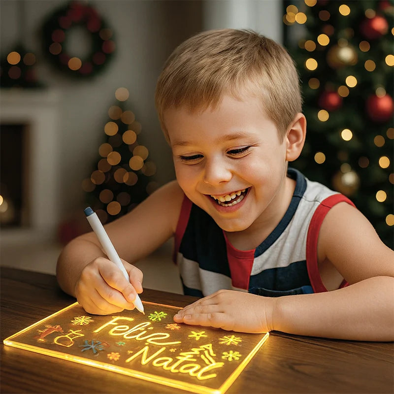 Quadro de Desenho LED Brilhante Reutilizável com 7 Canetinhas e Suporte Incluso